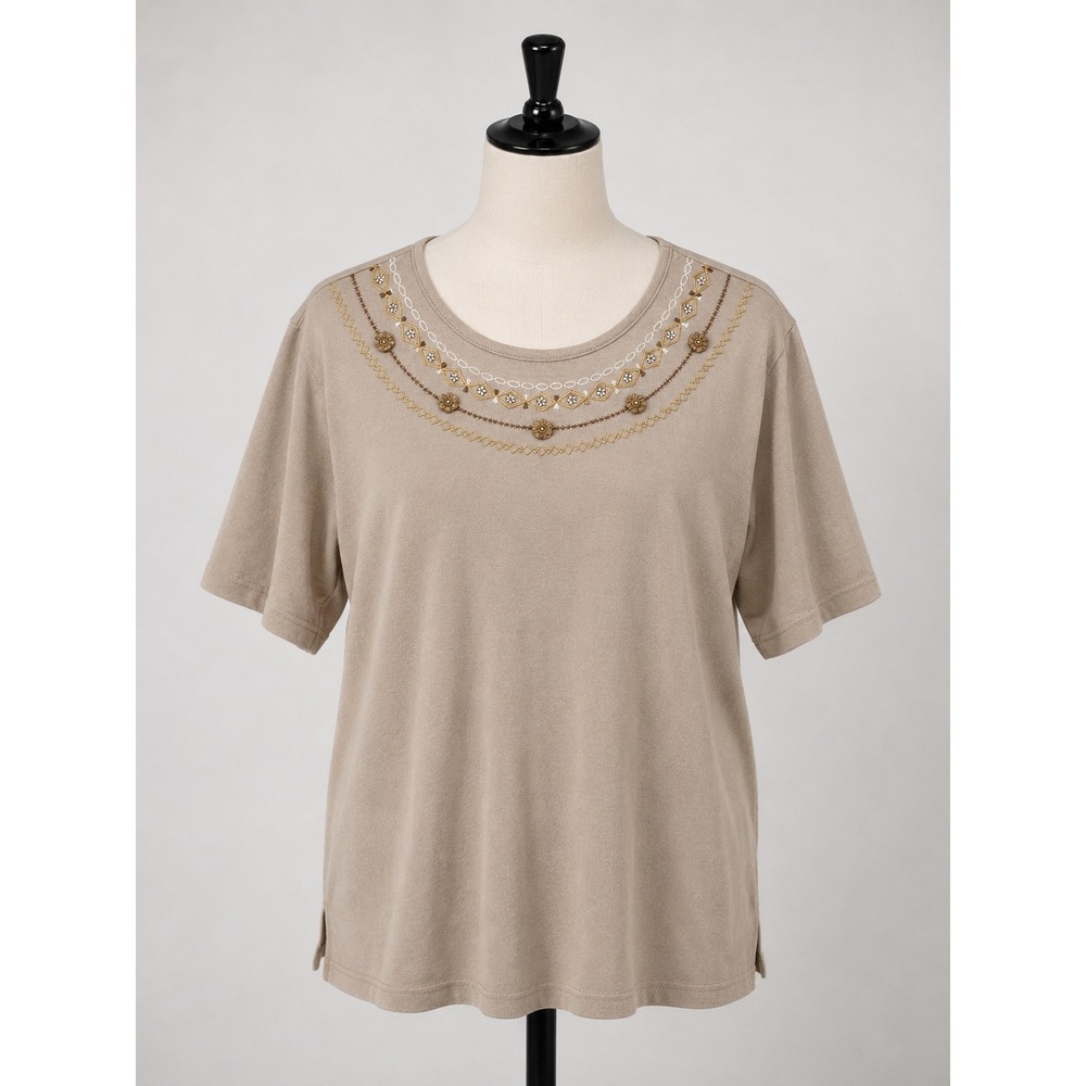 BonWorth Tan Embroidered Floral Beaded Neckline Short Sleeve Knit Top XL